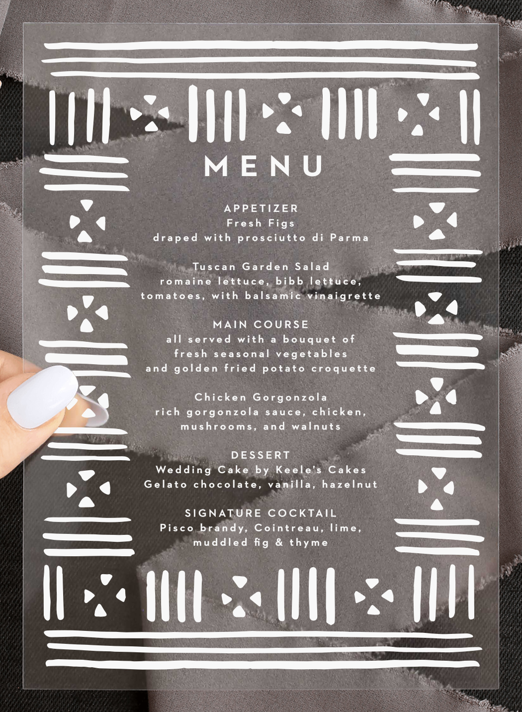 Stamped Mudcloth Clear Wedding Menus