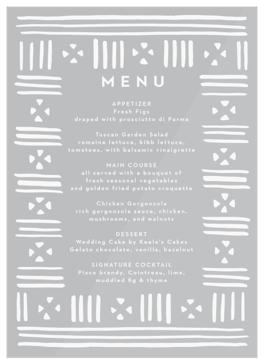 Stamped Mudcloth Clear Wedding Menus