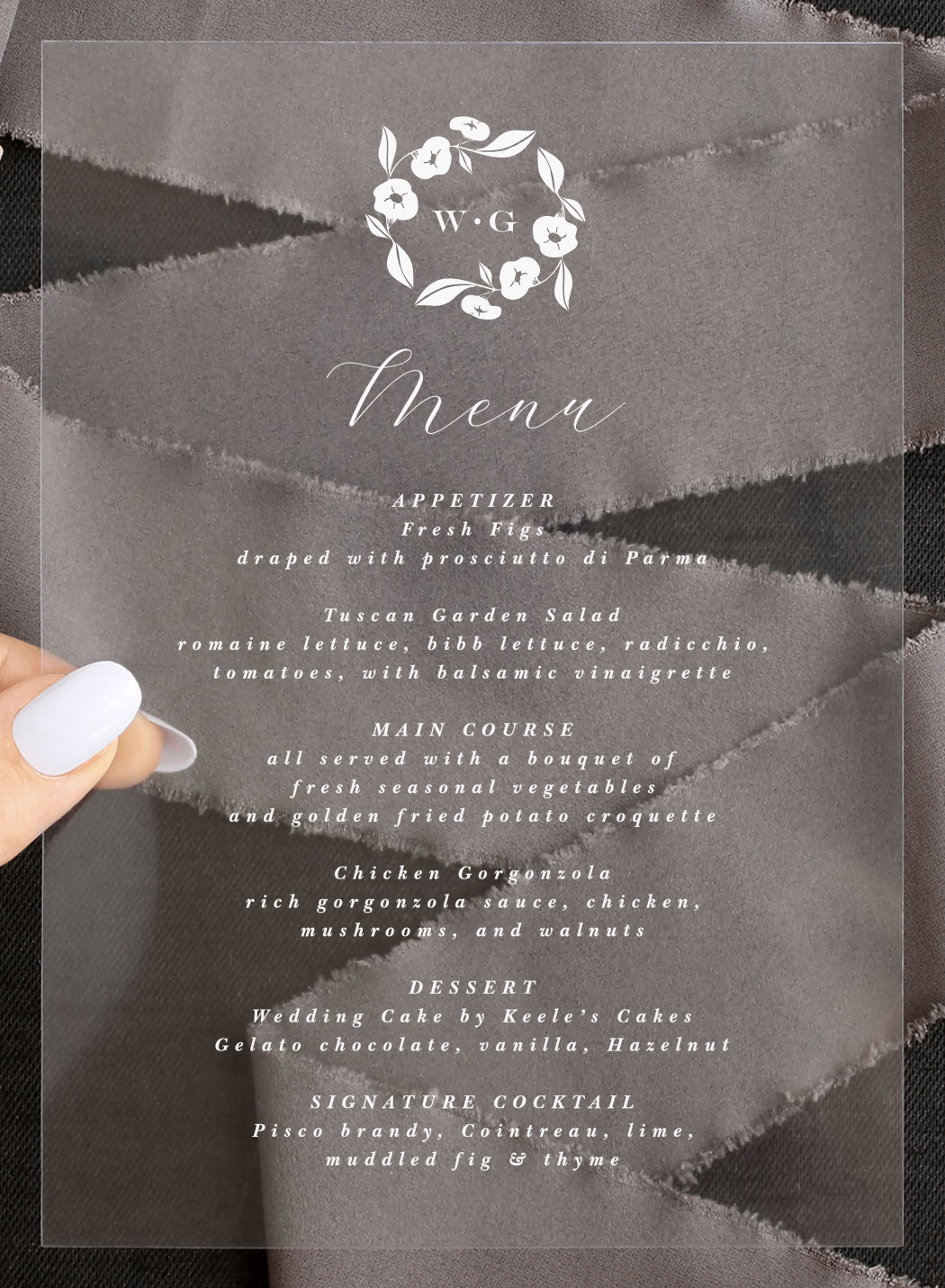 Graphic Wreath Clear Wedding Menus