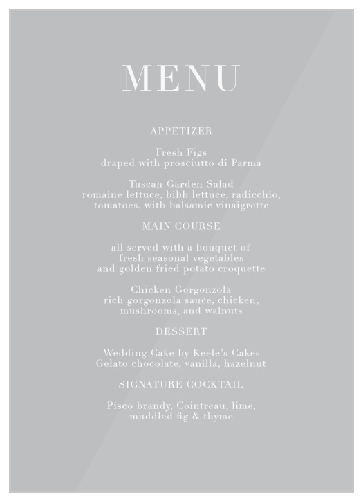 Let friends and family know what delicious foods will be served at your reception with our Classic Editorial Clear Wedding Menus. 