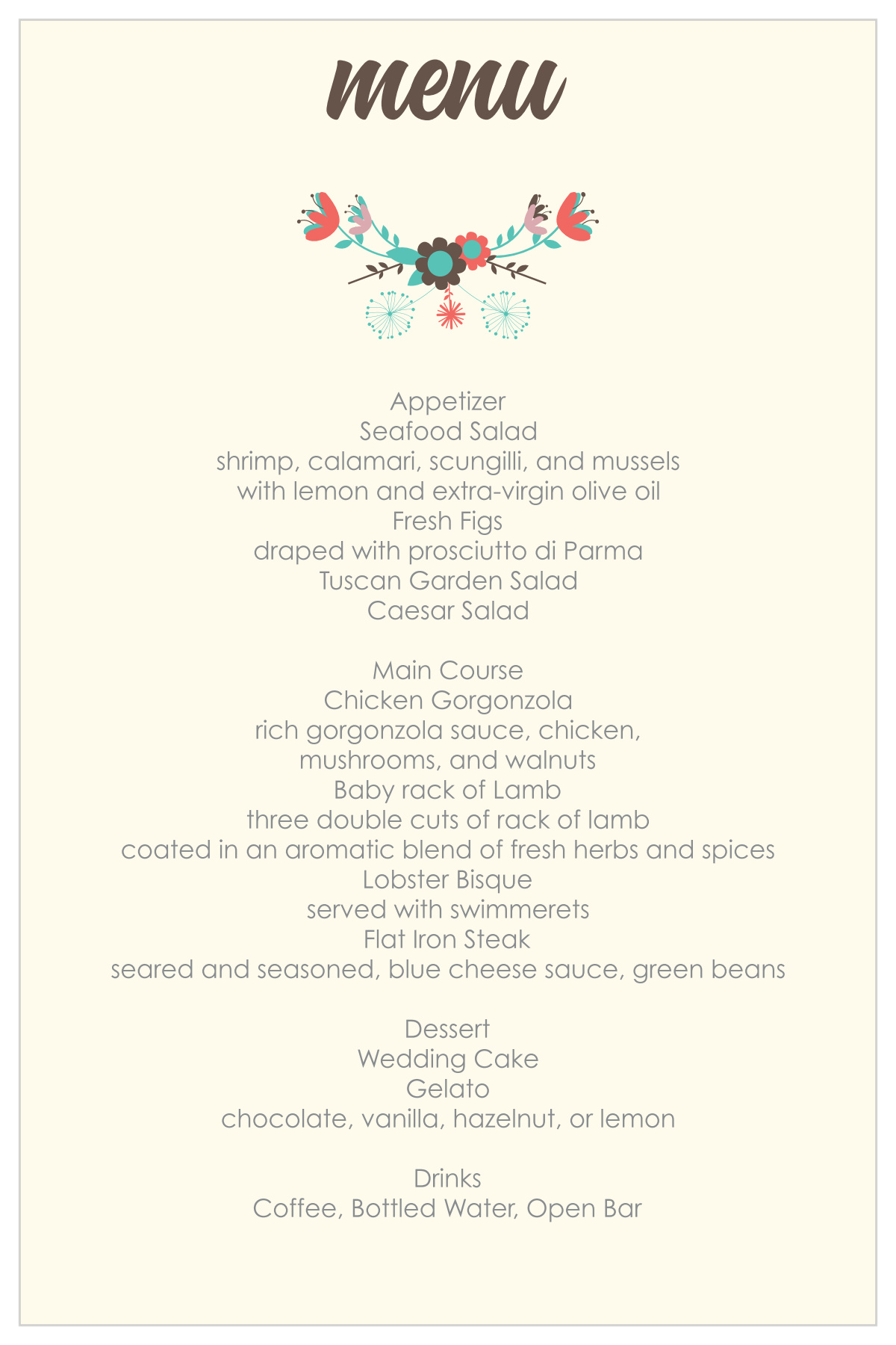 Flowering Frame Wedding Menus