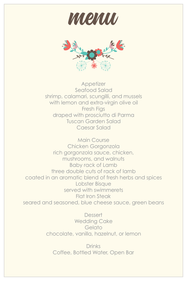 Flowering Frame Wedding Menus