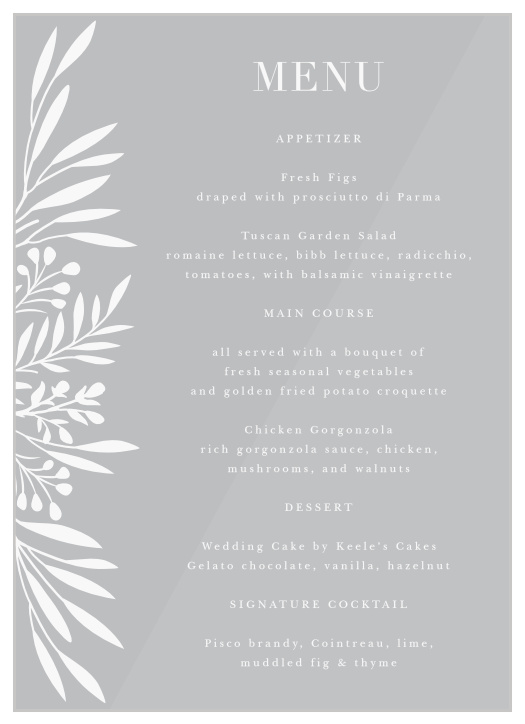 Our Offset Blooms Clear Wedding Menus describe each delicious food of your reception dinner to family and friends.