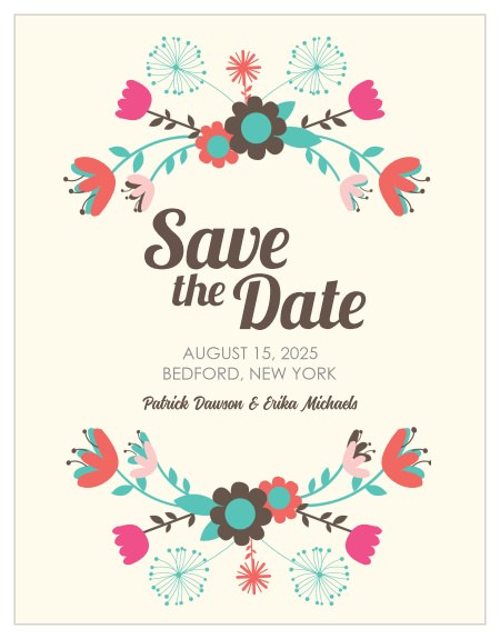 Our Flowering Frame save the date card has a trending floral design. As always, you can change the colors and fonts in order to match your wedding scheme. Personalize the card and see your modifications instantly!