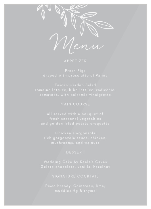 Describe every mouthwatering food of your reception dinner to family and friends with our Botanical Greenhouse Clear Wedding Menu. 