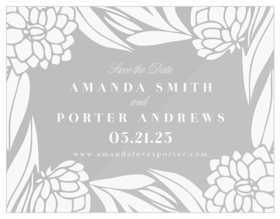 Share your wedding information in style with our Rich Florals Clear Save the Date Cards. This unique design features bold floral graphics accenting a clean background