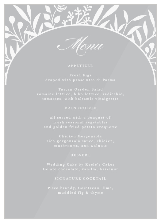 Describe every mouthwatering food that will be served at your reception with our Floral Surround Clear Wedding Menus.