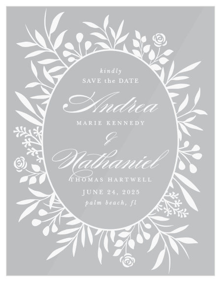 Friends and family are sure to run to their calendars to pencil in your wedding when they see the classic look of our Floral Surround Clear Save the Date Cards. 