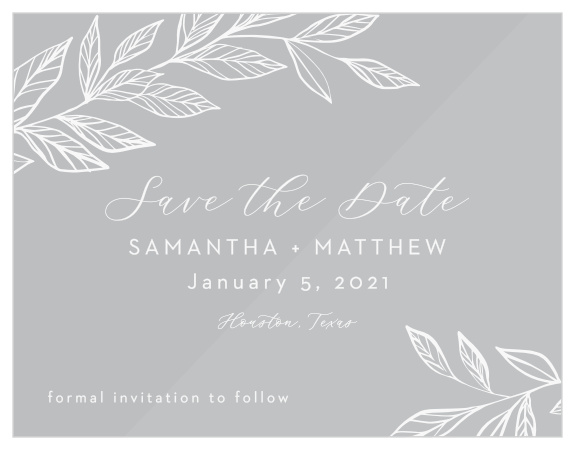 Share your wedding information with a touch of botanical beauty with our Wispy Leaves Save the Date Cards. 