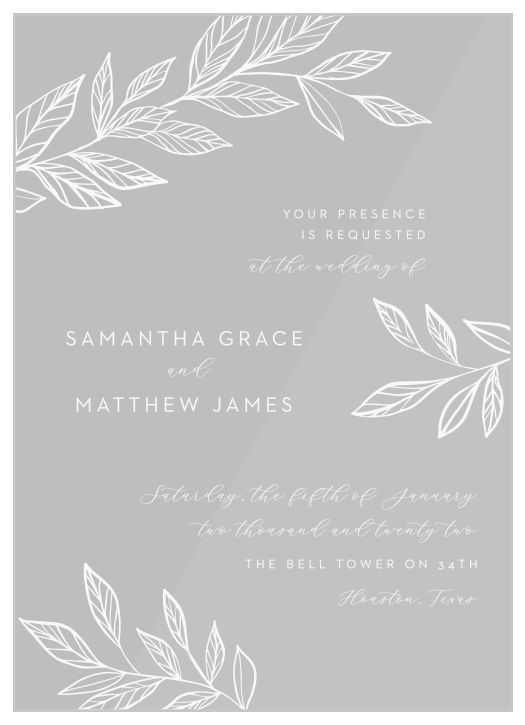 Share your wedding information with a touch of botanical beauty with our Wispy Leaves Clear Wedding Invitations. 