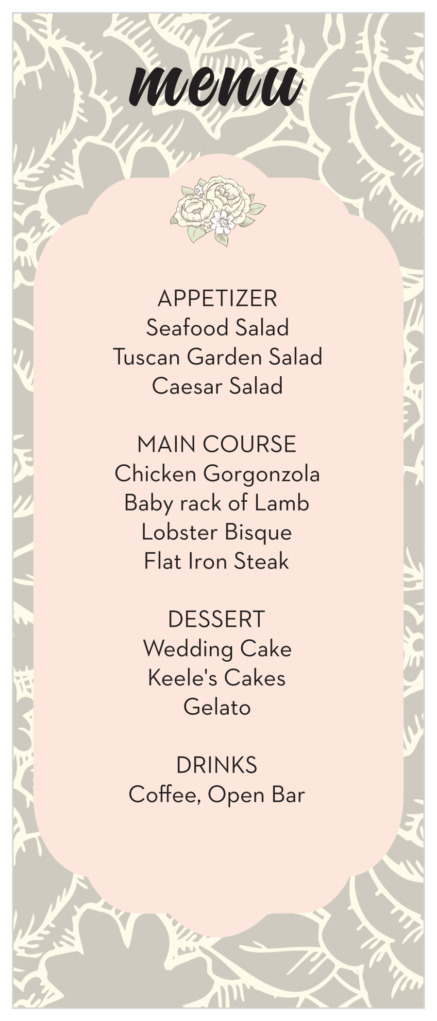 Subtle Peonies Wedding Menus