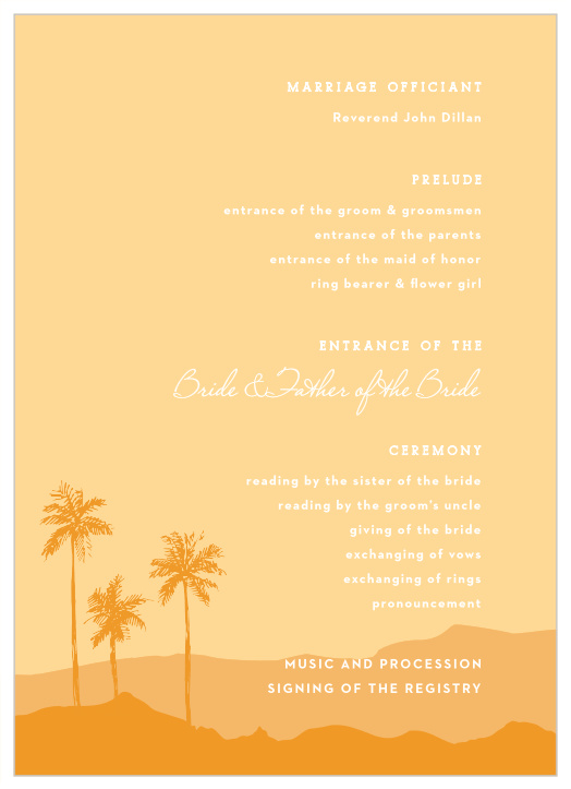Share your wedding information with a touch of tropical trendiness with our Palm Springs Wedding Programs.