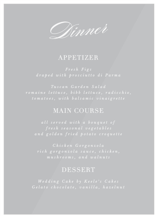 Describe every delicious food that will be served at your reception with our Simple Typography Clear Wedding Menus. 