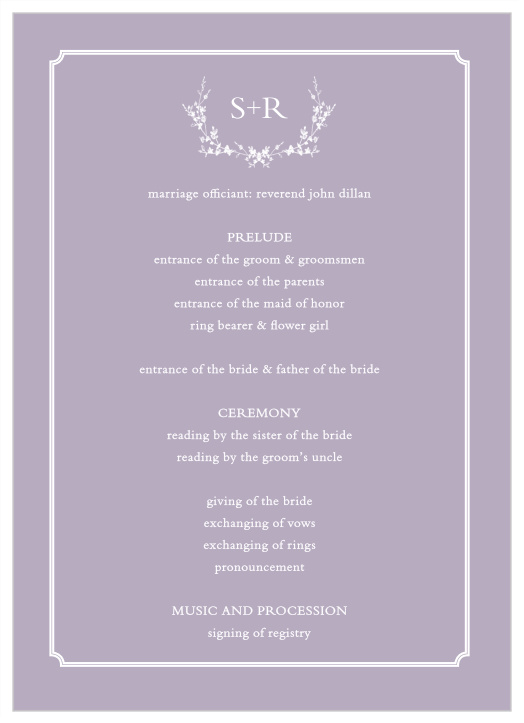 Our Framed Wreath Wedding Programs walk friends and family through your marriage ceremony.