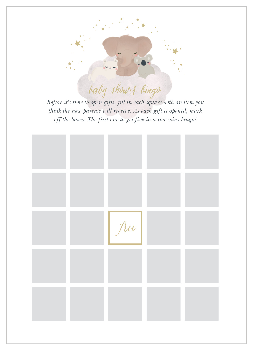Starry Animals Baby Shower Bingo
