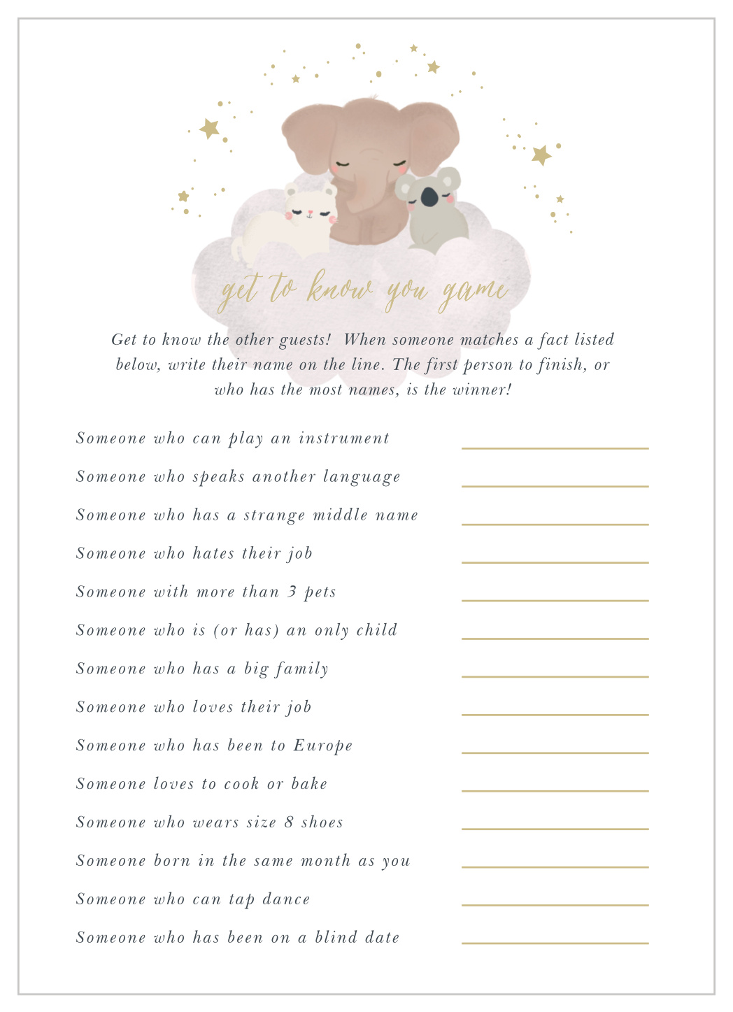 Starry Animals Get to Know You Game