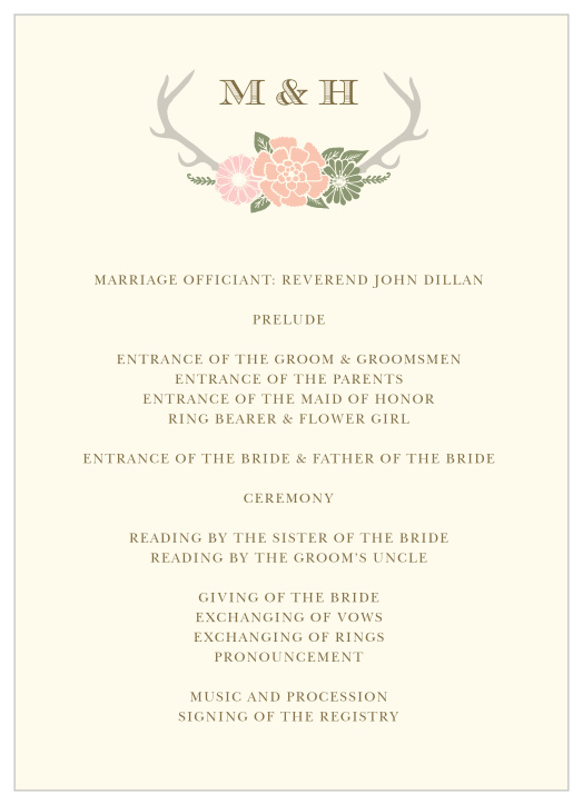 Provide our Blossoming Antlers Wedding Programs on your big day, so your guests can feel even more a part of your big moment!