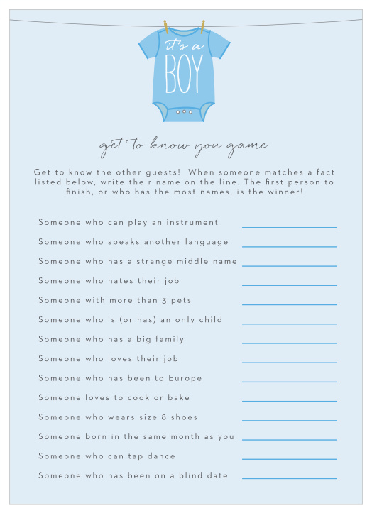 Turn conversation into a friendly competition with our gorgeous Boy Onesie Clothesline Get to Know You Game. 