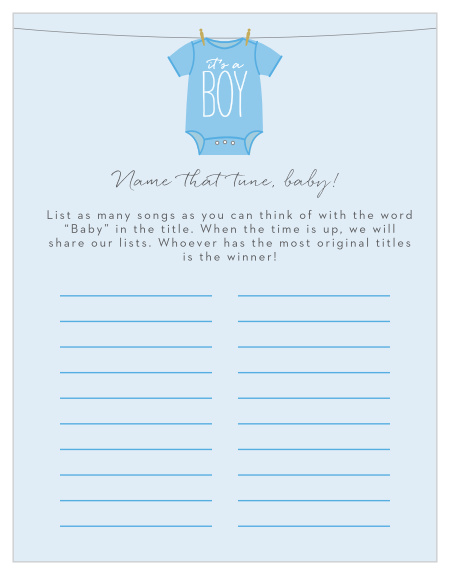 Scramble to think of the most original song titles with our simple, but hilarious, Boy Onesie Clothesline Baby Song Contest. 