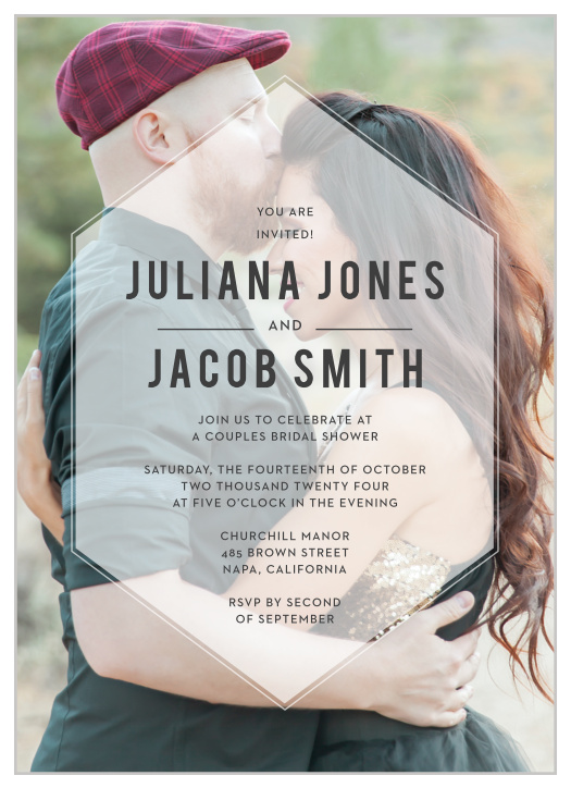 Our unique Hexagon Fade Bridal Shower Invitations uses your photo of choice to serve as the entirety of the cards' backgrounds!