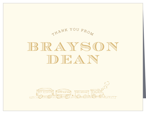 The presence of family and friends at your little one's celebration meant a lot to you, express your appreciation with our Train Set First Birthday Thank You Cards.