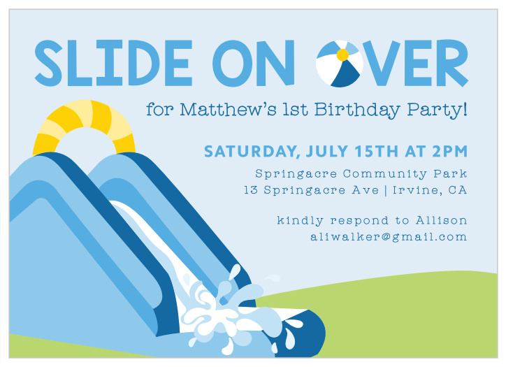 Our Water Slide Fun First Birthday Invitations let family and friends know that it is time to celebrate your little one's special day!