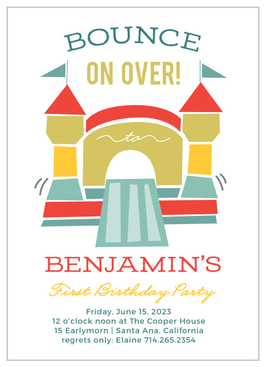 Get your guests ready for a blast with our Bounding Bouncer First Birthday Invitations.