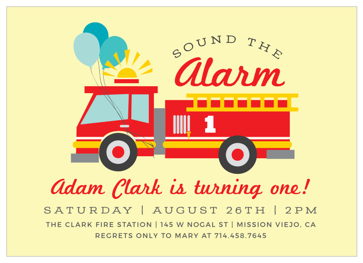 Get prepared for the best birthday party your little one has ever had with these Little Fire Trucks First Birthday Party Invitations.