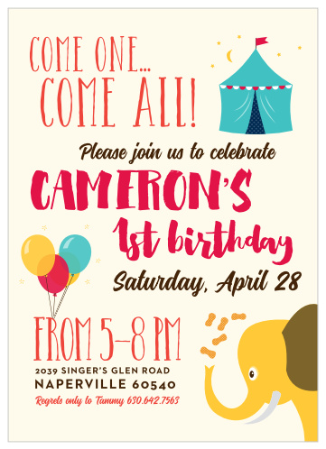 Come one, come all! Gather friends and family to join the celebration of your little one's special day with our Silly Circus First Birthday Invitations. 