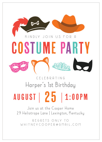 Get your guests ready for a blast with our Costume Hats First Birthday Invitations.