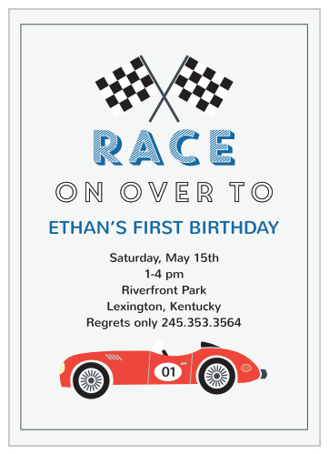 Checkered flags top the Raucous Raceway First Birthday Party Invitations.