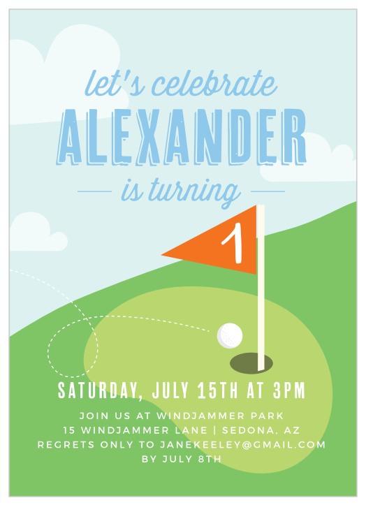 A lovely sunny day sets the scene for our Let's Golf First Birthday Party Invitations.