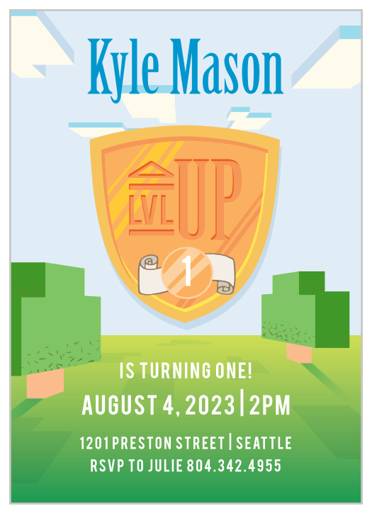 Every level up deserves a celebration! What better way to have friends and family celebrate a birthday party of epic proportions than with the Level Up First Birthday Party Invitations!