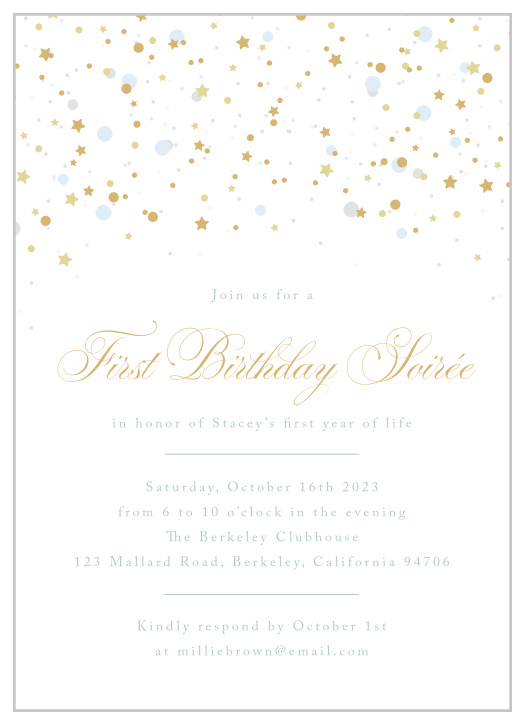 Our Birthday Soiree First Birthday Party Invitations are here to spread the word of the completion of your child's first year!