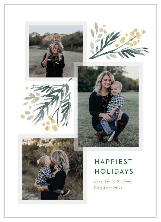 Change up your traditional reds and greens for the unique, watercolor botanicals of our Floral Snaps Christmas Cards!