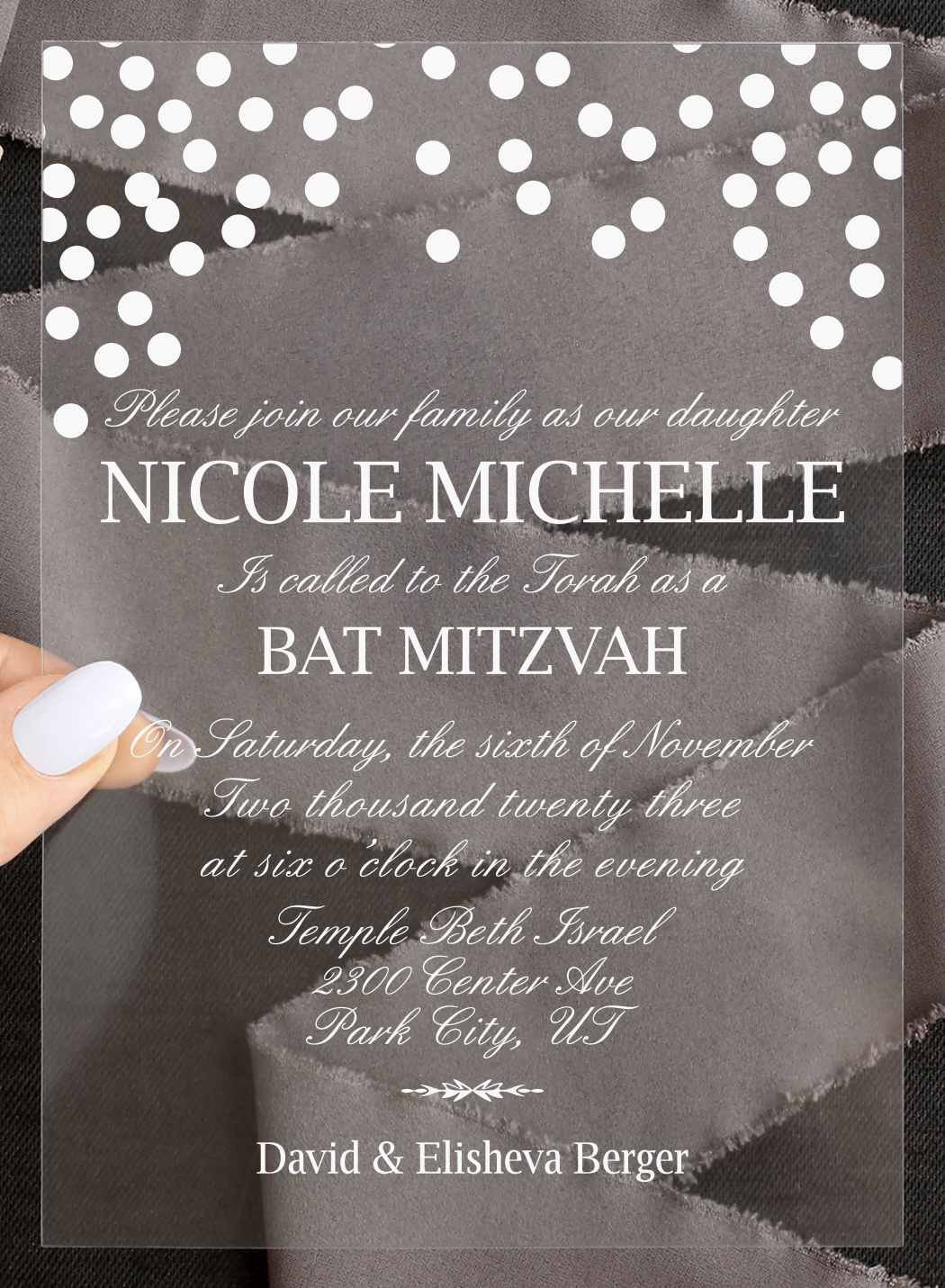 Falling Confetti Clear Bat Mitzvah Invitations