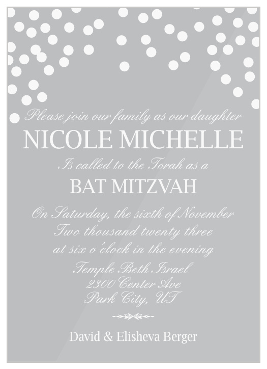 Request the presence of family and friends on your child's important day with our Falling Confetti Clear Bat Mitzvah Invitations.
