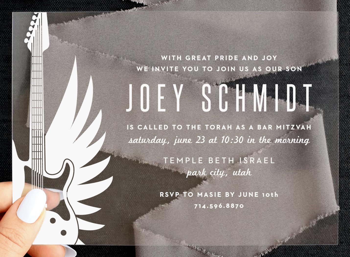 Guitar Mitzvah Clear Bar Mitzvah Invitations