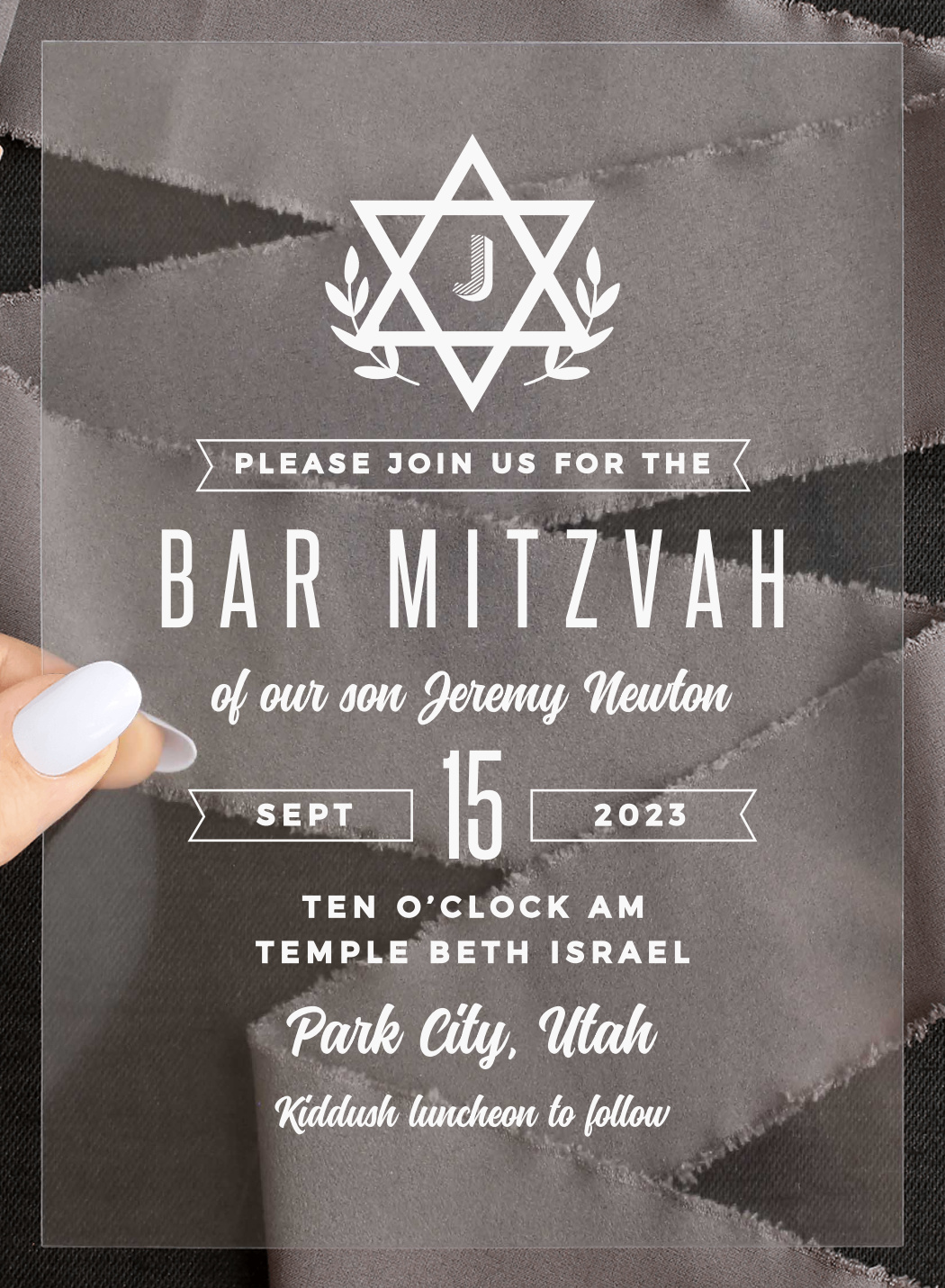Kraft Laurel Clear Bar Mitzvah Invitations