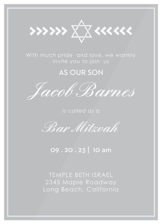 Make your child’s special day a memorable one with our Arrows Accent Clear Bar Mitzvah Invitations. 