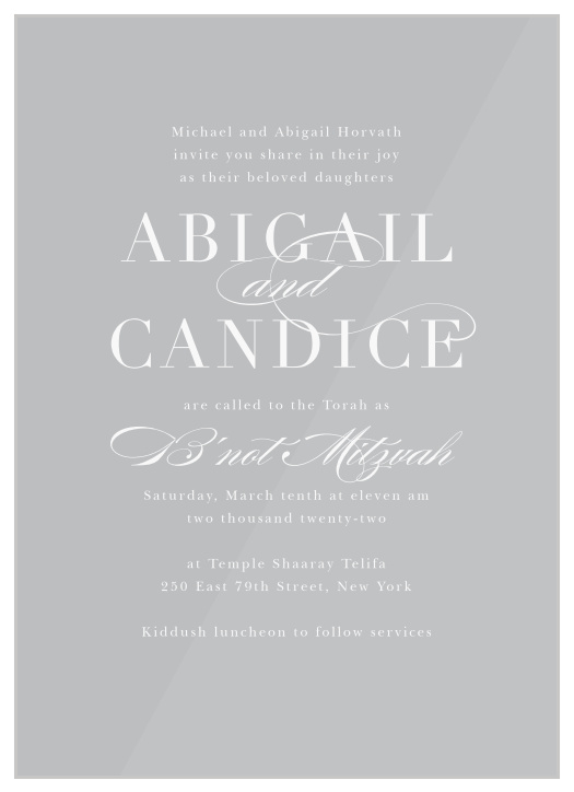Make your child’s special day a memorable one with our B’not Watercolor Clear B’not Mitzvah Invitations. 