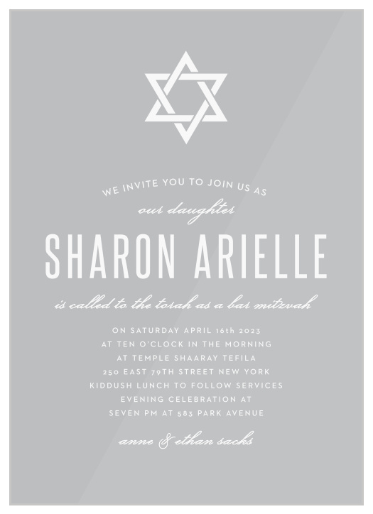 The simple, classic design of our Precious Traditions Bat Mitzvah Invitations is exactly what you've been looking for to announce your upcoming Bat Mitzvah!