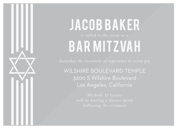 Request the presence of family and friends on your son's important day with our Trailing Ribbon Clear Bar Mitzvah Invitations.