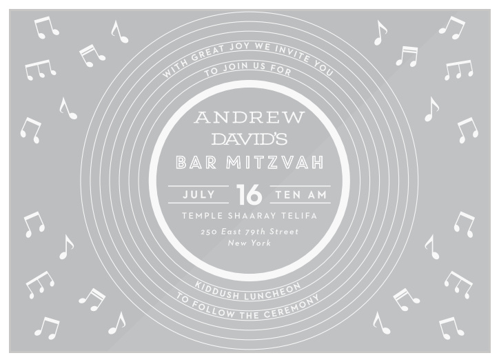 Our Retro Record Clear Bar Mitzvah Invitations gather family and friends together for your son's big day!