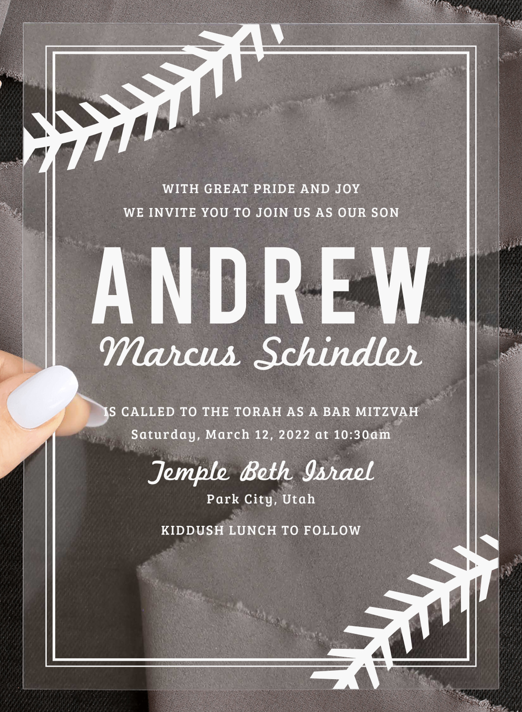 Baseball Pattern Clear Bar Mitzvah Invitations
