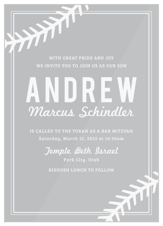 Make your child’s special day a memorable one with our Baseball Pattern Clear Bar Mitzvah Invitations. 