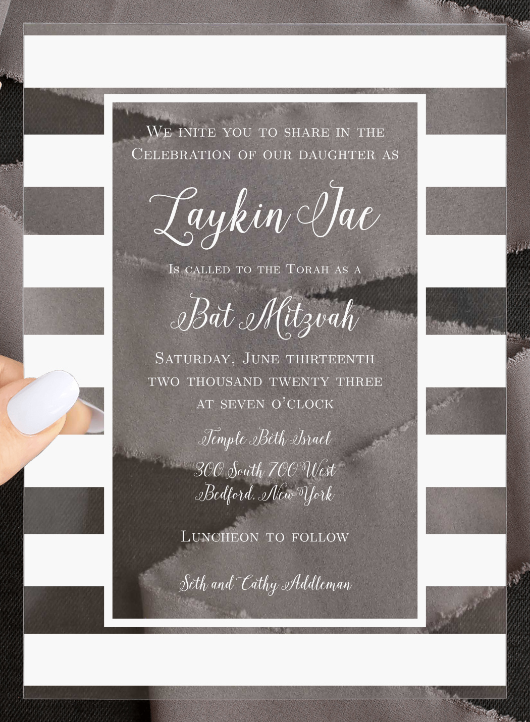 Golden Stripes Clear Bat Mitzvah Invitations