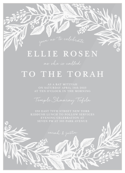 Your child's coming-of-age ceremony is coming up soon, bring family and friends together to celebrate when you send out our Regal Wreath Clear Bat Mitzvah Invitations.