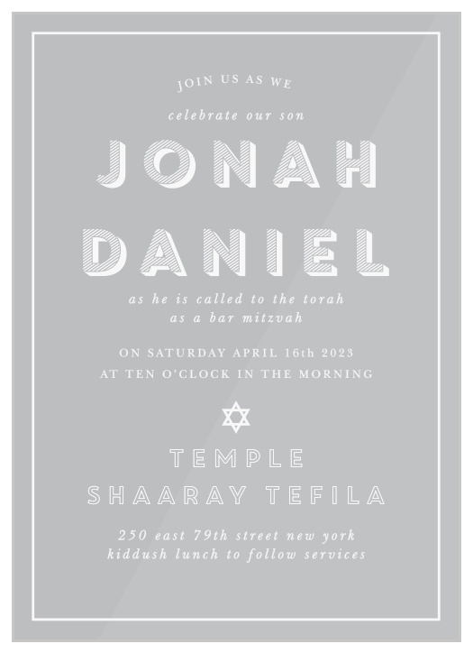 Make your child’s big day one to remember with our Chalk Board Clear Bar Mitzvah Invitations. 