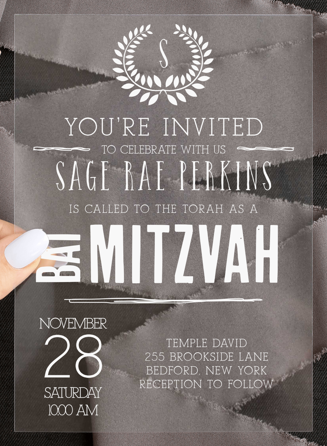 Laurel Chalkboard Clear Bat Mitzvah Invitations